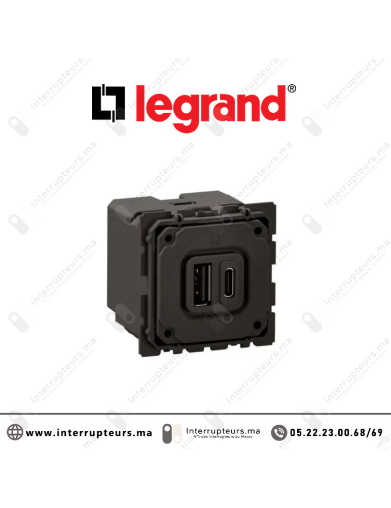 Prise 2 USB  Legrand Céliane Type-A + Type-C CM0153 Casablanca Maroc