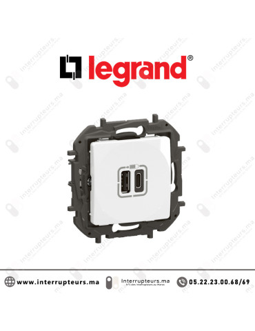 Chargeur double USB Legrand Niloe Type-A + Type-C 3A 15W Blanc Casablanca Maroc