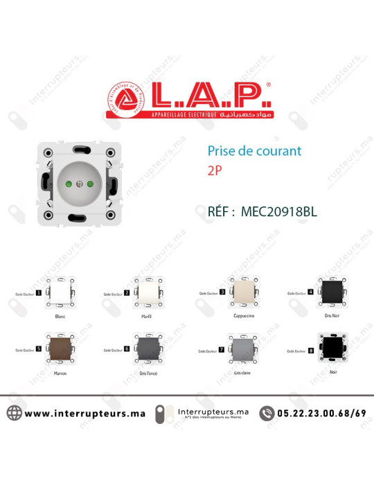 Prise de courant 2P blanc LAP Millenium 20918BL1 Casablanca Maroc