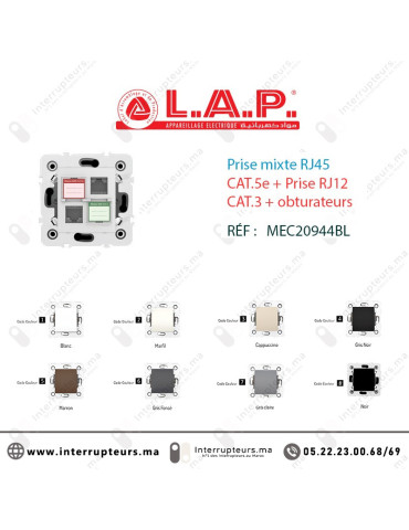 Prise mixte RJ45 CAT.5e + Prise RJ12 CAT.3 + obturateurs blanc LAP Millenium 20944BL1