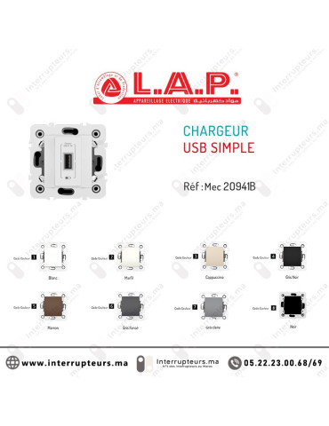 Chargeur USB simple LAP Millenium BLANC 20941BL1 Casablanca Maroc