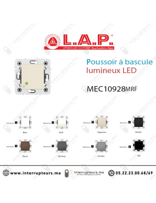 Poussoir à bascule lumineux LAP Millenium Marfil LAP10928MRF2 Casablanca Maroc