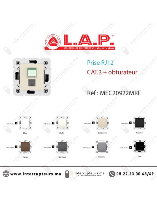 Prise RJ12 CAT3 + obturateur LAP MILLENIUM Marfil 20922MRF Casablanca Maroc