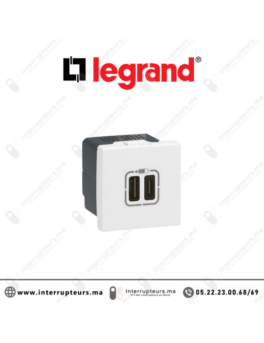 Prise chargeur 1xUSB Type-C + 1xUSB Type-A Legrand Mosaic 2M 077592 Casablanca Maroc